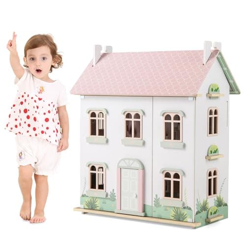Image of GYMAX Wooden Kids Dollhouse, 3-Storey Dolls House with 5 Rooms, Double-sided Roofs and 19pcs Furniture Accessories, Large Doll House for 3 Years Old+