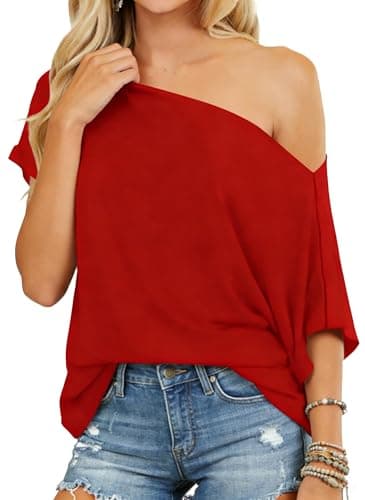Image of Dressmine Going Out Tops for Women Summer Tops Short Sleeve T Shirt Off The Shoulder Sexy Bardot Slouchy Tops Blouse Size 14 Red