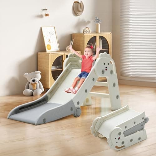 Image of FUKEA Lion Slide for Toddlers Age 1 to 3 Years, Indoor Outdoor Folding Slide for Kids, Children's Garden Slides with Climbing Frame Stairs, Cute Freestanding Baby Slides