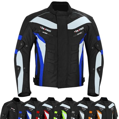 Image of PROFIRST Motorcycle Jacket Mens Waterproof Textile Cordura Fabric Motorbike Mesh Jacket All Seasons Removeable CE Approved Protections (UK, Alpha, 3XL, Regular, Regular, Blue)