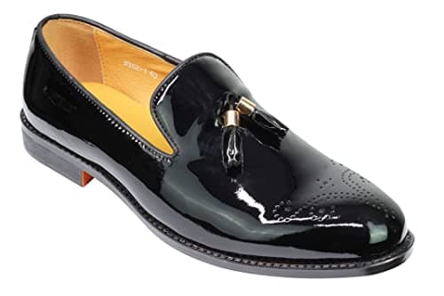 Image of Mens Brown Black Real Leather Patent Tassel Loafers Shiny Wedding Dress Slip on Shoes [LSH-HY62-1-BLACK-43]