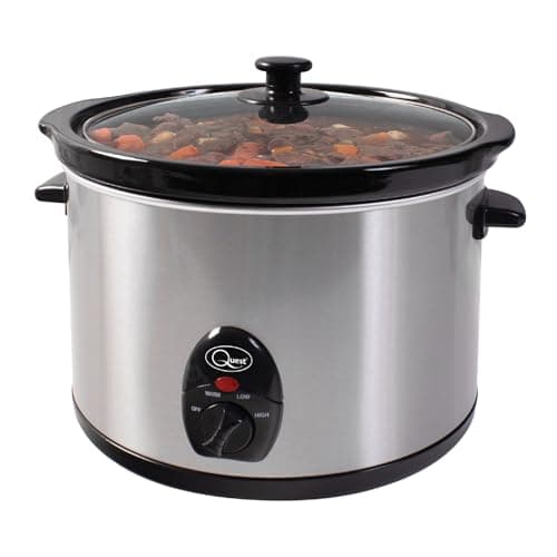 Image of Quest 35280 Slow Cooker / 5 Litres/Compact Stainless Steel / 320W / 3 Temperature Settings/Transparent Toughened Glass Lid/Dishwasher Safe