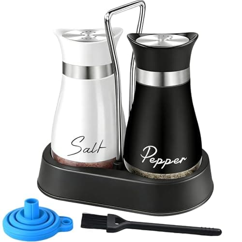 Image of Salt and Pepper Shakers Set with Holder, Stainless Steel Salt Pepper Shaker Containers with Glass Bottom, Cleaning Brush & Funnel, Perfect for Kitchen Spice Storage, Restaurant, RV, Camp, BBQ Refillab
