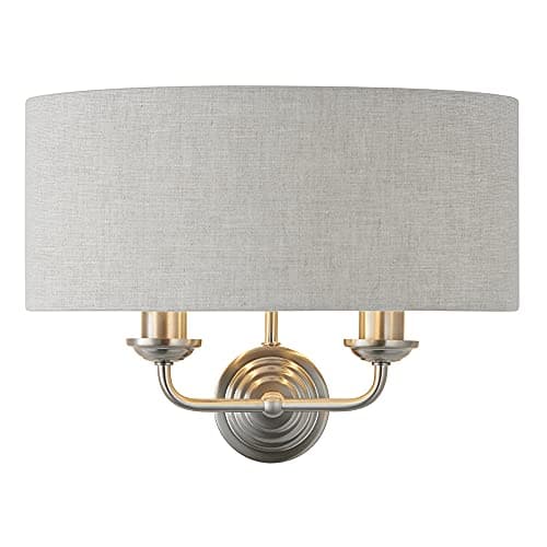 Image of National Lighting Celeste Decorative Wall Light - Brushed Chrome 2 Way Multi Arm Wall Lamp with a Natural Coloured Fabric Shade - E14 Candle - Indoor Dimmable Light