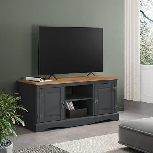 Image of Corona Charcoal 2 Door Media TV Unit Solid Wood Pine Wooden Painted Dark Grey Television Stand Living Room Entertainment Cupboard 52cm High 115cm Wide 40cm Deep