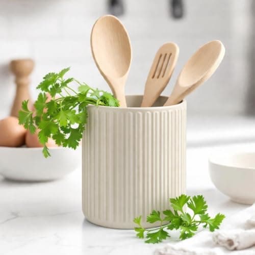 Image of Ribbed Utensil Holder, Utensil Basket, Pot, Modern, Minimalist (Matt Bone White)