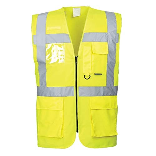 Image of Portwest S476 Berlin Executive Hi Vis Vest Mens Lightweight Reflective Safety Workwear Gilet 7 Pockets Zip Dual ID Holder Radio Loop Construction Site, Yellow, 4XL