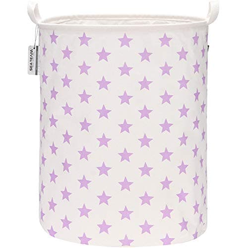 Image of Sea Team 19.7 Inch Large Sized Waterproof Coating Ramie Cotton Fabric Folding Laundry Hamper Bucket Cylindric Burlap Canvas Storage Basket with Stylish Purple Star Design