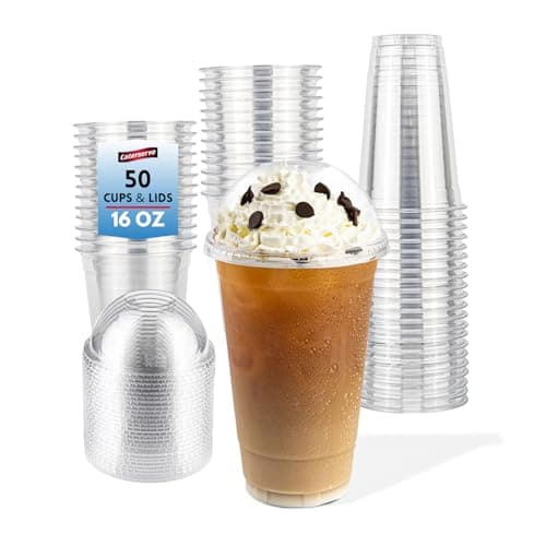 Image of Caterserve 50 16oz Disposable Cups with Dome Lids – Clear PET Plastic – Spill-Resistant Drinkware for Smoothies,Slushies,Restaurants, Cafes, Events, and Takeaway Beverages