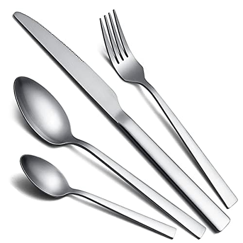 Image of Matte Cutlery Set 16 Pieces, Kyraton Stainless Steel Brushed Polished Flatware Set, Silverware Sets with Knife Spoon Fork, Dishwasher Safe,Service for 4