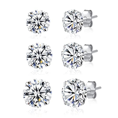 Image of 3 Pairs 925 Sterling Silver CZ Stud Earrings Set 5mm 6mm 7mm Cubic Zirconia Stud Earrings Men Women