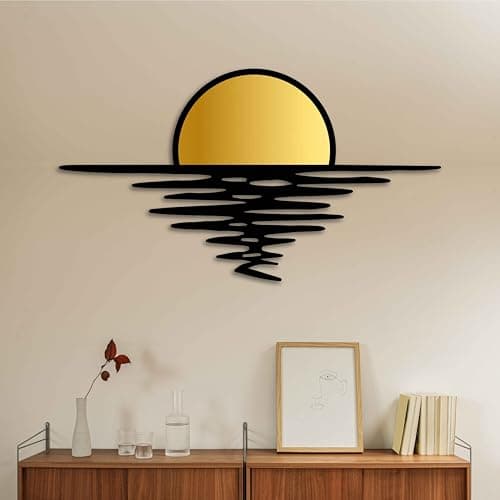 Image of Wall Art, Design: Sunset, Gold and Black, Metal, Abstract Sunrise, Home Decor, Large Metal Wall Decor Above Sofa or Above Bed, Wedding Gift