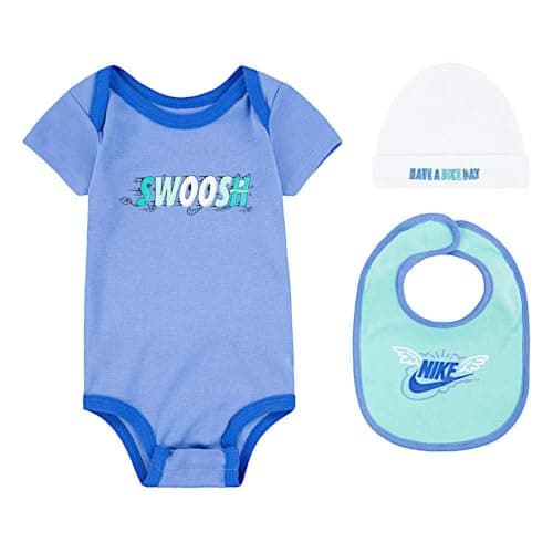 Image of NIKE Swoosh Baby Set, Black, 3 Piece Bodysuit with Beanie and Bib, 6-12 Months