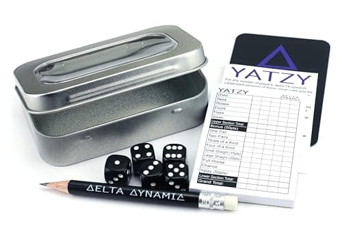 Image of Delta Dynamic Products Yatzy Travel Tin – Traditional Dice Game in a Compact Hinged Storage Tin. Pocket-Sized Set (9.6 x 6.2 x 2.2cm). UK-Made.