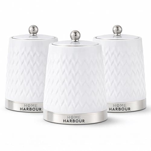 Image of Home Harbour Eden Collection Set of 3 Tea Coffee Sugar Canisters | Modern Ceramic Gloss Jars with Airtight Lids | Storage Jars for Kitchen Countertop Organisation Chrome Ball Lid (White)