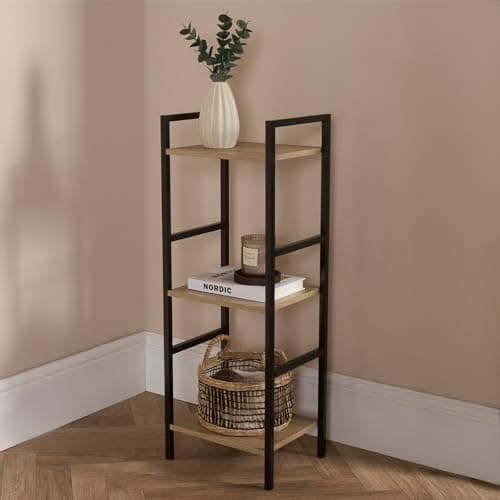 Image of OHS 3 Tier Ladder Shelf, Industrial Bookcase Storage Unit Metal Frame Standing Shelves for Living Room Bathroom Bedroom Kitchen Home Office Wooden Rustic - 80 x 30 x 24cm