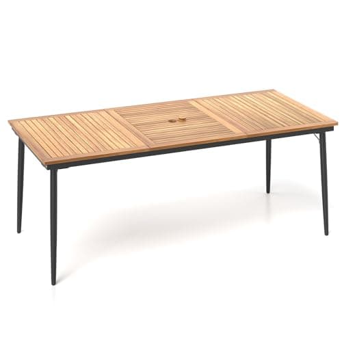 Image of COSTWAY 8-Seater Garden Dining Table, 2m Acacia Wood Picnic Table with Slat Tabletop, Umbrella Hole, Metal Legs & Adjustable Foot Pads, All-weather Rectangular Patio Bistro Table for Outdoors