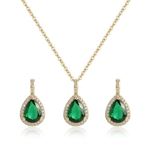Image of Aliyoham 14K Gold Plated Emerald Jewelry Set, Necklace and Earrings for Women - May Birthstone Pendant with Matching Studs, Elegant Gift for Birthday & Anniversary