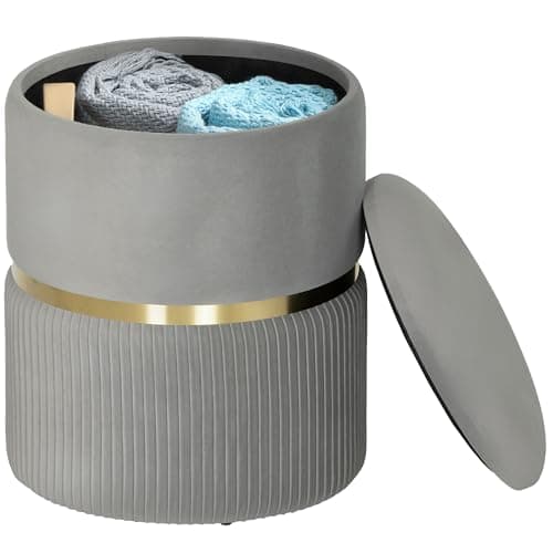 Image of HOMCOM Round Storage Stool, Velvet-feel Fabric Upholstered Vanity Stool with Removable Top, Padded Seat and Hidden Space for Living Room, Bedroom, Light Grey