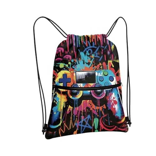 Image of Xutanek Drawstring Bags for Boys, Game Themed Boys Swimming Bag, Video Gaming Drawstring PE Bag with Zipper Pocket, Waterproof Swim Kit Bag for Fitness School Picnic for Gaming Enthusiasts