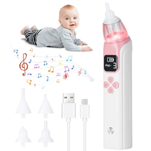 Image of URAQT Nasal Aspirator Baby, Electric Baby Nose Sucker with 4 Silicone Tips Nose, Rechargeable Automatic Baby Nose Cleaner for 3 Suction Levels, Toddlers Anti-Backflow Sucker with Music and Light, Pink
