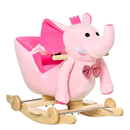 Image of HOMCOM 2 In 1 Plush Baby Ride on Rocking Horse Elephant Rocker with Wheels Wooden Toy for Kids 32 Songs for 18+ Months (Pink)