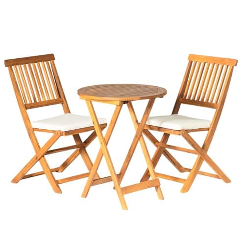 Image of Panana 3 Piece Foldable Wooden Garden Furniture Set, Solid Acacia Wood Folding Table with Chairs, Bistro Set with Cushions for Outdoor Patio