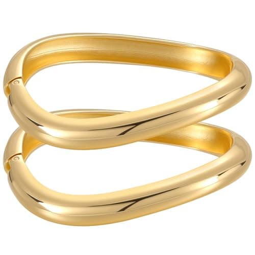 Image of Emibele Gold Bangles for Women, 2PCS Irregular Chunky Gold Bracelet Hinged Open Bangle Bracelets for Women, Fashion Wide Arm Cuff Minimalist Chunky Jewelry Gifts for Valentine Christmas Birthday
