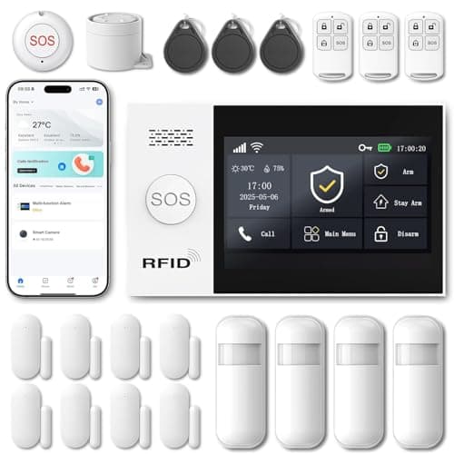 Image of XUK Home Security Systems, No Monthly Fee, 4.3" Touchscreen Wireless Alarm System with Motion Sensor, Door/Window Sensor & Remote Control, Works with Smart Life, Tuya App & Alexa (Set of 21)