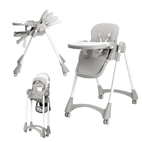 Image of Bonnlo Baby Foldable High Chair, Adjustable Height with 7 Positions, 4-Level Reclining Seat & Detachable Double Tray, Highchair for Toddlers 6 Months to 3 Years (Grey)