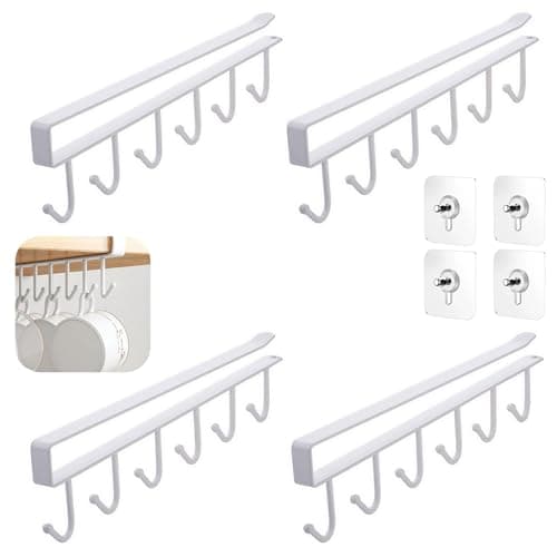 Image of Cup Holder Under Cabinet, 4PCS Undershelf Mug Storage with 6 Hook, Under Shelf Mug Hanger for Kitchen Restaurant Hanger Tea Cup Display Rack(White)