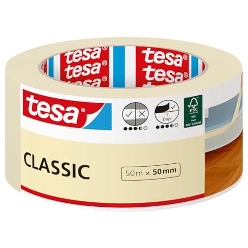 Image of tesa Masking Tape CLASSIC - Painter's Tape for Masking During Painting Work - Solvent-free, Removable without Residue - 50 m x 50 mm