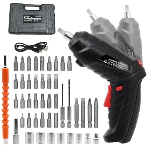 Image of MQFORU Cordless Screwdriver, 48 in 1 Portable Cordless Drills, 3.6V Rechargeable Electric Screwdriver Kit, Dual Position Handle with USB Cable LED Light for Home Office DIY Tools