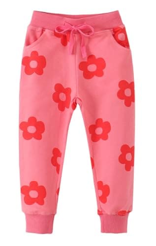 Image of Little Hand Toddler Girls Flower Sweatpant Sports Cotton Trousers Drawstring Casual Pants with Pocket Kids Tracksuit Bottoms Age 2-3 Years