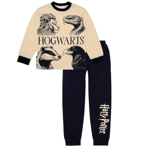Image of Harry Potter Boys Pyjamas – Official Hogwarts Kids Sleepwear Set with Long Sleeve Top & Cuffed Bottoms – Ages 6-13 Years (11-12 Years) Beige