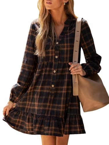 Image of CUPSHE Women Casual Dress Plaid Ruffle Hem V Neck Long Sleeve Button Holiday Tunic Mini Dress Navy L