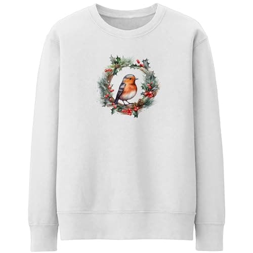 Image of Purple Print House Christmas Robin Wreath Sweatshirt Women Jumper Xmas Santa Holly Unisex Sweater, M, White