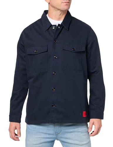 Image of HUGO Men's Twill Patch Pockets Button Down Overshirt Shirt, Logo Navy, Medium