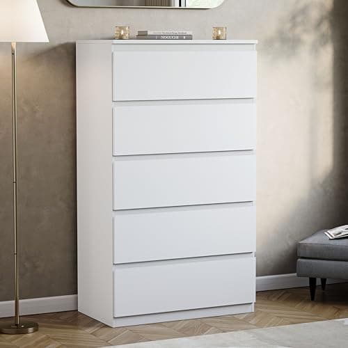 Image of Vida Designs Denver 5 Drawer Chest of Drawers | White | Space-Saving Storage | 117H x 70W x 40D cm | Minimal | Smooth Metal Runner | Engineered Wood | Modern Bedroom Chest of Drawers Unit