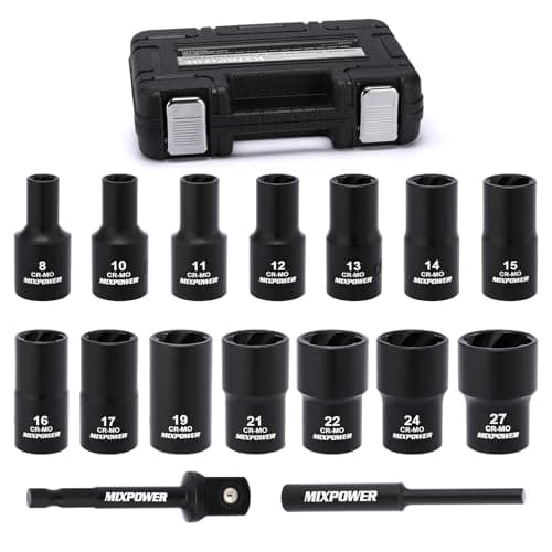 Image of MIXPOWER 16-Piece 1/2-Inch Drive Impact Bolt and Nut Extractor Socket Set, Stripped Lug Nut Remover Include Hex Shank Adapter & Pin Bar, for Removing Damaged Rusted Broken Rounded Fasteners Off, CR-MO