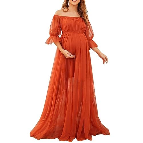 Image of FeMereina Photography Maternity Dress Off Shoulder Lace Baby Shower Pregnant Wedding Dress (Orange Red, L)