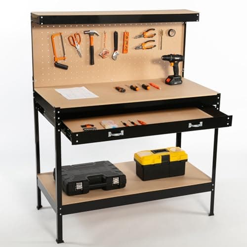 Image of SwitZer New Black Steel Garage Tool Box Toolbox Work Bench Workbench Storage With Drawers Pegboard and 20 Pegs Shelf DIY Workshop Station