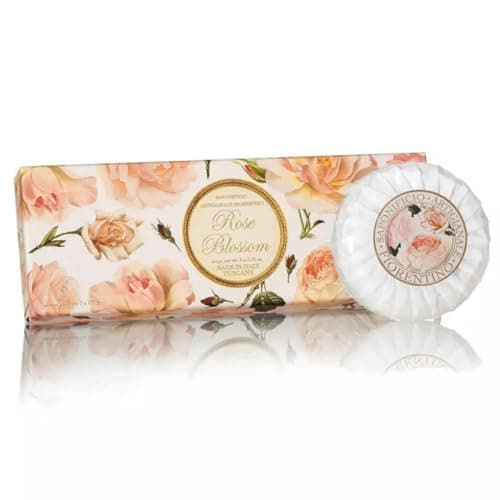 Image of Gift box of Italian Rose Soap, 3 x 100g, round soaps sculpted with lily, pleated wrapping and label, 3 x 3.52 oz