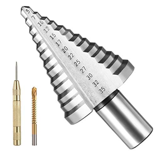 Image of flintronic Step Drill Bit 5mm-35mm, with 1 Automatic Center Punch& 1 Twist Drill Bit, HSS Titanium Coated Double Slot Cone Cutting Drill