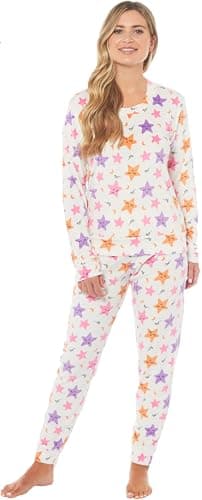 Image of KATE MORGAN Womens Pyjamas Warm Fleece PJ for Women Sets Pjs S-XL | Soft Twosie Pyjama Set for Ladies Gifts for Her M Cream Star