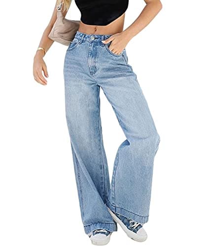 Image of SANSIWU Womens Y2K Baggy High Waist Straight Wide Leg Ripped Jeans ButterflySolid Color Wide Leg Casual Streetwear Denim Pants (C-Dark Blue, Medium)