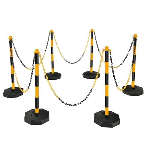 Image of 6 Traffic Safety Delineator Posts - Yellow and Black | Height Adjustable Barrier Posts with Fillable Base and 12Meter Plastic Chain | Portable Indoor Queue & Access Control Poles with S Connectors