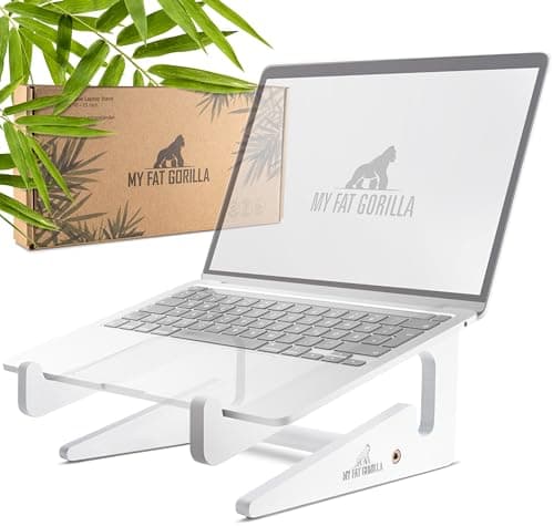 Image of MY FAT GORILLA Bamboo Laptop Stand, Ergonomic Universal Holder for Notebook Riser, Compatible with 10-15 Inch, Laptop Holder Desk, Vertical Laptop Stand (Bamboo White)