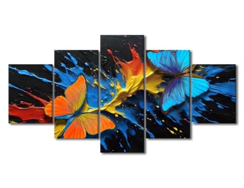 Image of 5 Piece Splash of Bright Colorful Oil Painting Canvas Wall Art Abstract Contemporary Art Wall Paintings Orange and Blue Tropical Morpho Butterfly Home Office Decorations 60"Wx32"H