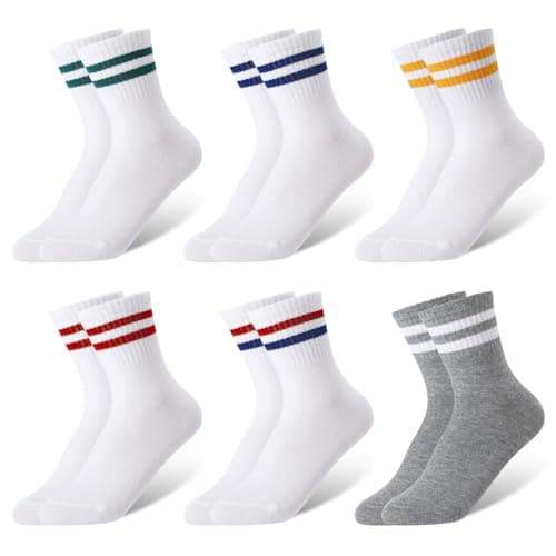Image of Zuimei 6 Pairs Kids Sports Crew Socks Breathable Boys Striped Socks Girls Cotton School Athletic Sock for Children Daily Wear 6-8 Years